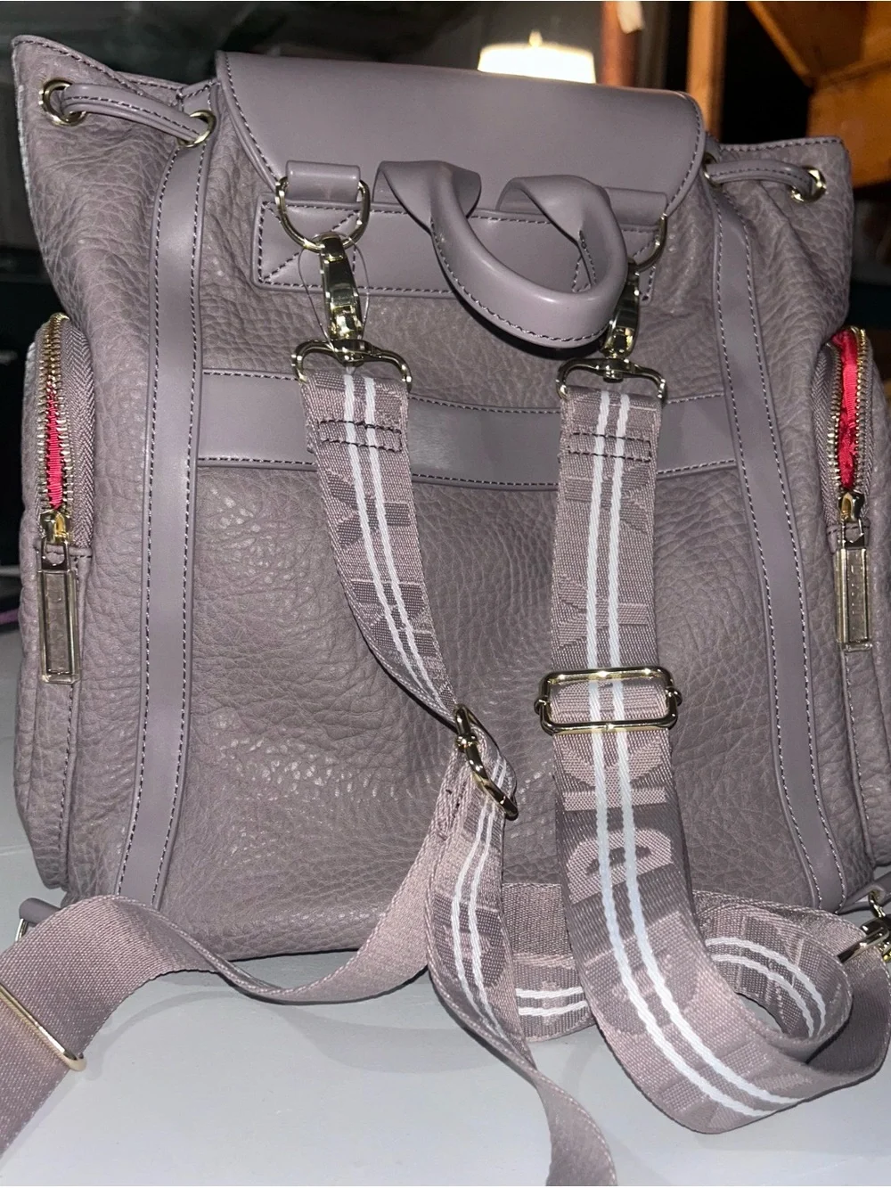 DKNY Taupe Pink-Trim Leather Backpack Tote with Gold Logo